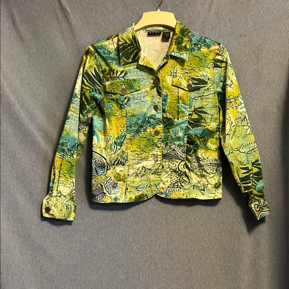 ELCC Vibrant Green Tropical Print Jacket size small very GUC